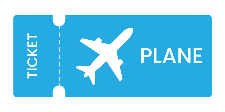 Ticket airline vector icon showing blue boarding pass with airplane silhouette in minimalist travel design