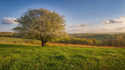 Fototapeta premium Grassland with trees and vibrant flora, showcasing seasonal change, spring