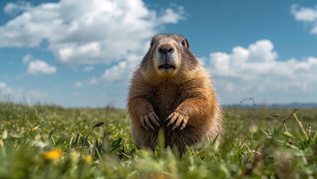 In the vast steppe, the Bobak marmot, also known as Marmota bobak, forages for food, highlighting the importance of habitat preservation.