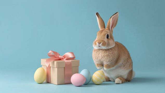 A festive Easter scene featuring a rabbit and a gift box, ideal for seasonal decoration