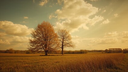 Obraz premium Autumn landscape featuring trees in a field, showcasing seasonal change