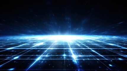 Bright Light Lines Creating a Futuristic Digital Landscape in Deep Space Perspective with Glowing Grids and Stars in a Dark Universe Background