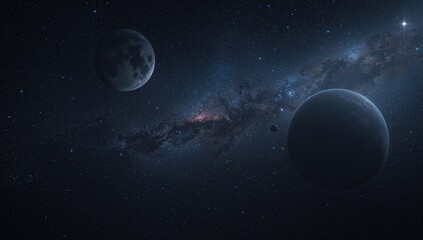 Obraz premium Wide-angle view of celestial bodies including planets, stars, and galaxies against a space backdrop. Banner design featuring numerous faraway nebulae and galaxies in the cosmic expanse. Vast cosmic