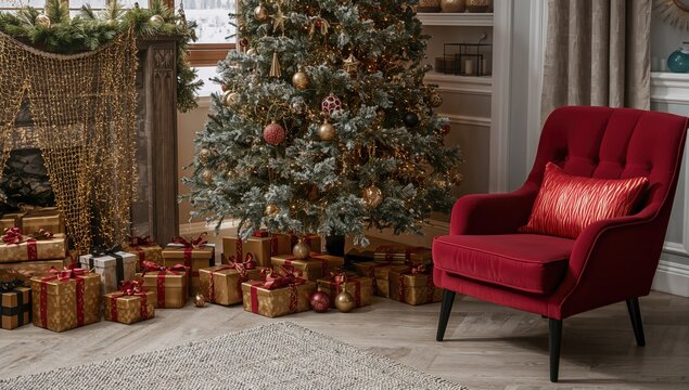 Stylish Christmas interior featuring an elegant red sofa, festive ambiance, holiday spirit