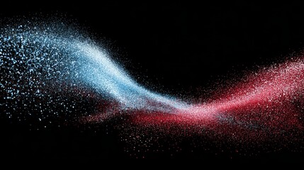 Abstract liquid blue red shiny blurry flowing fluid motion with glitter particles, soft bokeh, smooth wave shape and glowing dynamic effect on black background, dreamy fantasy energy swirl design