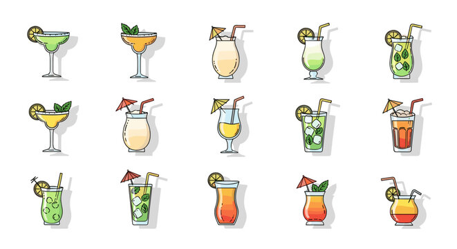 Collection of 15 vibrant, flat design cocktail illustrations with editable strokes, perfect for summer-themed infographics, articles, books, flyers, and banners, featuring tropical drinks with