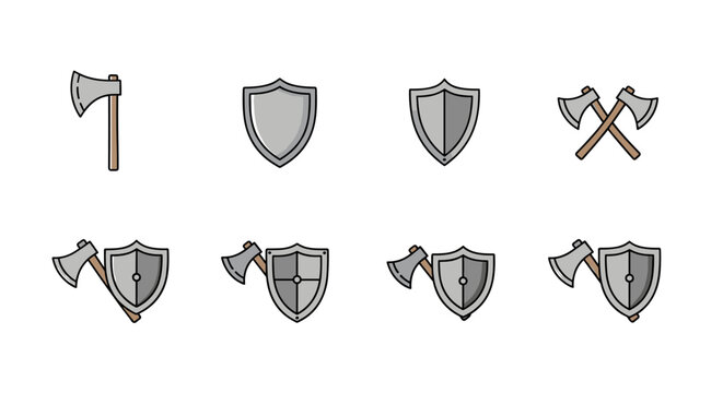 Collection of minimalistic thin line icons featuring axes and shields, symbolizing protection, battle, and medieval themes. These versatile vector graphics are perfect for web design, app interfaces