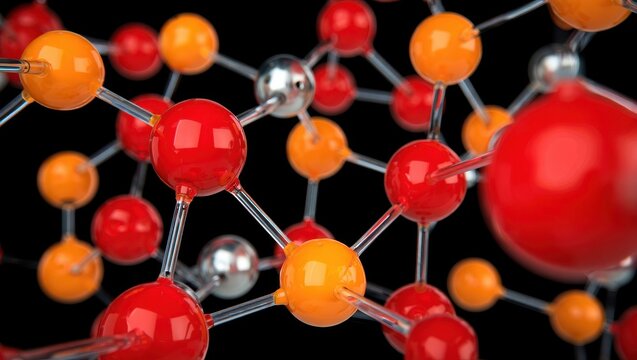 Molecular structure with red, orange and silver atoms connected by bonds