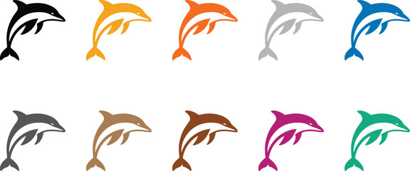 Obraz premium Colorful dolphin silhouettes on white background, Vibrant sea life silhouette collection