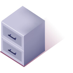 Isometric Light Purple Two Drawer Filing Cabinet with Dark Handles and Pinkish Shadow on Transparent Background