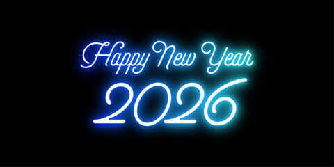 Happy New Year 2026 &ndash; Blue Neon Sign Typography on Black Background &ndash; Glowing Vector Design for Banners, Social Media, Posts, Prints & Party Invites