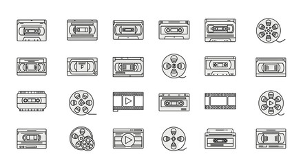 Collection of outline vector icons representing various video tapes, including VHS, cassette tapes, and film reels, designed for graphic and web design, apps, adverts, and cards, presented as a