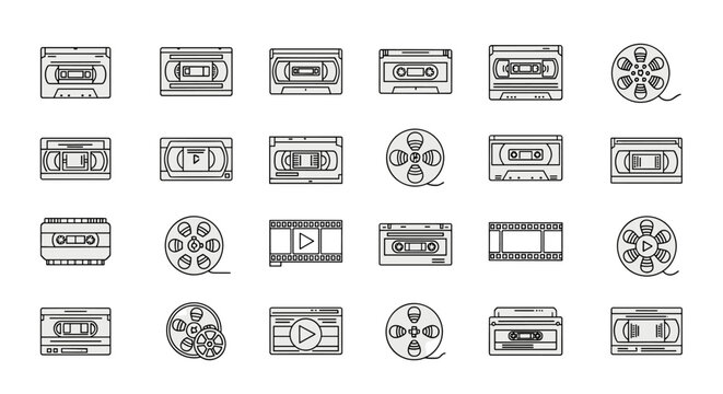 Collection of outline vector icons representing various video tapes, including VHS, cassette tapes, and film reels, designed for graphic and web design, apps, adverts, and cards, presented as a