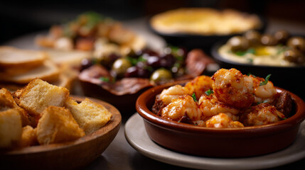 Colorful traditional Spanish tapas on a table.