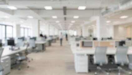 Blurred image of contemporary open office space featuring white interiors and furniture, suitable for layout design