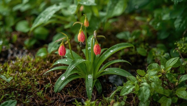 Macro cathedral bell flowers (Air plant, life plant, miracle leaf, Goethe plant) on natural backdrop, showcasing seasonal change