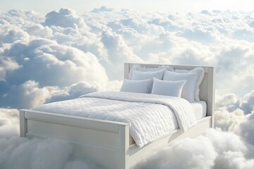A pristine white bed floats amidst a sea of fluffy clouds.  Soft, diffused sunlight bathes the scene