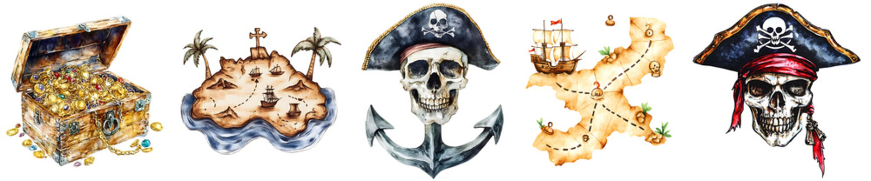 Pirate treasure and map illustrations with skulls on transparent background