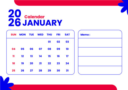 Minimalist 2026 calendar template, red and blue design with memo area. Perfect printable planner for work or personal use