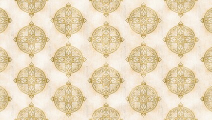 Intersecting circles and golden stars seamless pattern, suitable for textile and fabric design