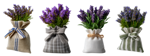 Charming decorative lavender herbal sachets and potted plants, bringing natural fragrance, calming aroma, and rustic elegance to modern home interiors