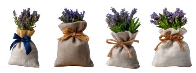 Artisan-crafted lavender sachets, tied with rustic ribbons, radiating natural fragrance and a serene, calming presence, elegantly displayed on white