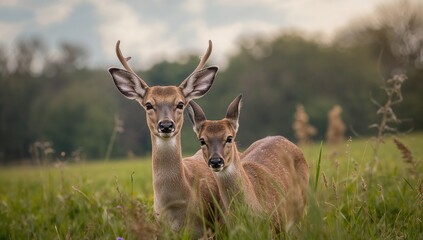 Pair of roe deer gazing at the camera in a meadow, wildlife observation