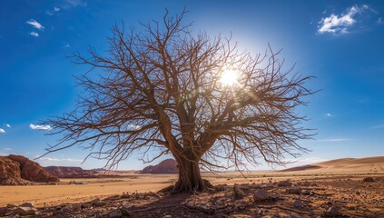 A thorny acacia tree with bare branches and sharp thorns under a clear blue sky, erosion risk
