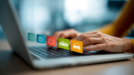 Close up of hands typing on laptop with color chart and icons showing credit score