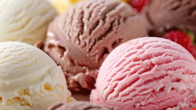 Assorted ice cream scoops in different flavors.