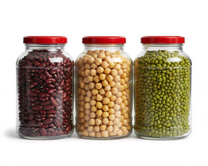Healthy pantry staples featuring vibrant red kidney beans, chickpeas, and fresh green mung beans in charming glass jars with red lids, perfect for vegan recipes