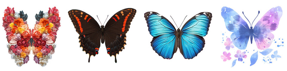Butterfly collection in diverse artistic styles on transparent background
