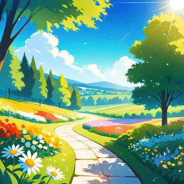 Vibrant Spring Landscape with Flowering Pathway Under Bright Sunlight and Clear Blue Sky