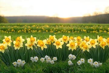 Bright yellow and white daffodils blooming in a lush green field at sunrise with soft light and distant treeline in the background