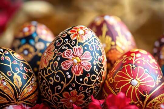 Close-up of intricately painted eggs with floral and decorative patterns in vibrant red, black, gold, and white colors creating an elegant festive mood
