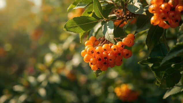 Clusters of orange berries on lush green foliage, highlighting seasonal richness