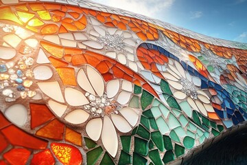 Close-up of colorful mosaic wall featuring abstract floral patterns with white flower shapes and vibrant orange, green, and blue tiles under bright sunlight and clear blue sky