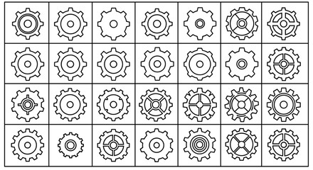 Collection of 30 unique gear icons and symbols in outline style, perfect for graphic design, web development, app interfaces, advertising, and various card designs, presented as a vector cartoon