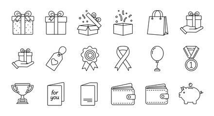 A collection of diverse line icons representing gifts, presents, and celebratory items, perfect for web design, books, cards, and apps. Includes editable stroke for versatile customization, suitable