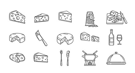 Set of line art icons representing various types of cheese, cheese knives, a grater, a cheese board, a bottle of wine with a glass, fondue pot, and a cloche, perfect for culinary graphics, apps, and