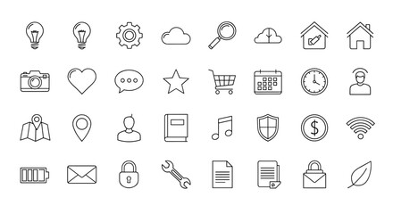 A comprehensive set of clean, modern line icons on a white background, featuring essential symbols for technology, business, lifestyle, and communication, perfect for web and app design.