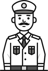   Veteran in uniform standing proudly, minimal flat design, Vector line art icon, Black And White  white background
