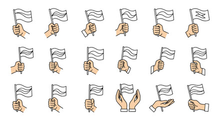 Collection of cartoon illustrations depicting hands holding and waving flags on a white background, symbolizing national pride, freedom, and unity, perfect for graphic design, apps, and conceptual