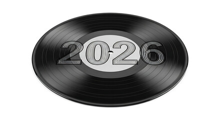 Retro vinyl record with the year 2026 prominently displayed, symbolizing music and the future.