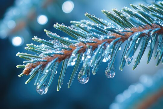 Close-up of pine tree branch with water droplets glistening on needles against a blurred blue background evoking freshness and tranquility - Powered by Adobe