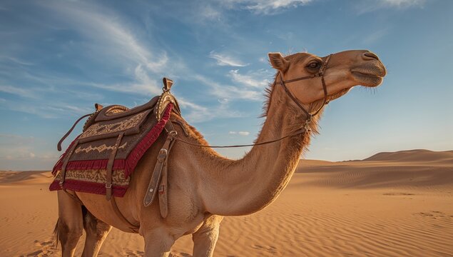 Saddle-equipped camel in the Sahara desert, highlighting the harsh environment