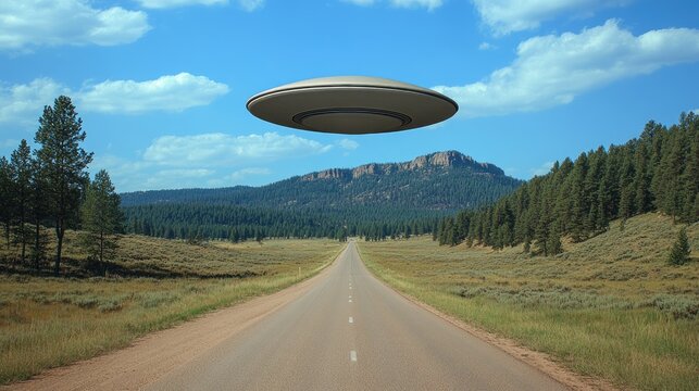 Mysterious flying saucer hovers above a quiet road in the mountains surrounded by lush forest