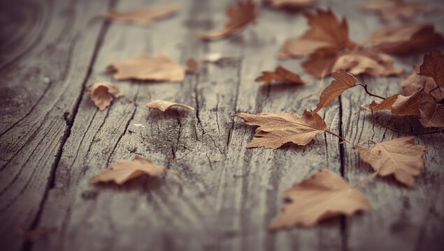 Chestnut tree leaves resting on a weathered wooden surface, vintage aesthetics, natural texture accentuation