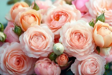 close-up of a bouquet of soft pink and peach roses in full bloom with green rosebuds and delicate layered petals