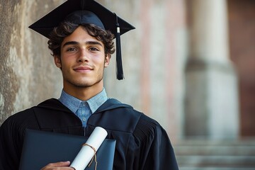 confident young man wearing graduation gown and cap holding diploma standing against stone wall with blurred architectural background